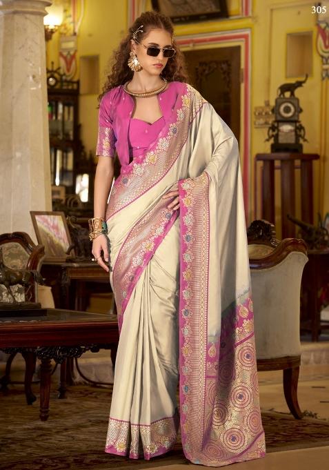 Off White Floral Print Silk Saree Set