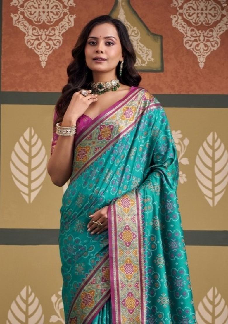 Blue Printed Silk Blend Saree Set - Indya