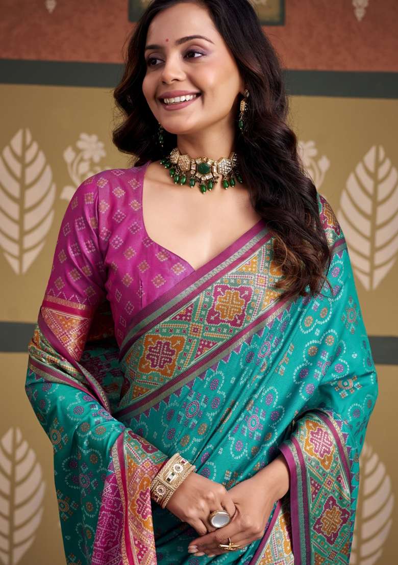 Blue Printed Silk Blend Saree Set for Diwali and Festive Wear - Indya
