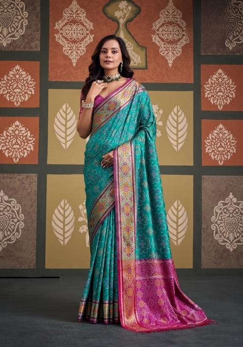 Blue Printed Silk Saree Set