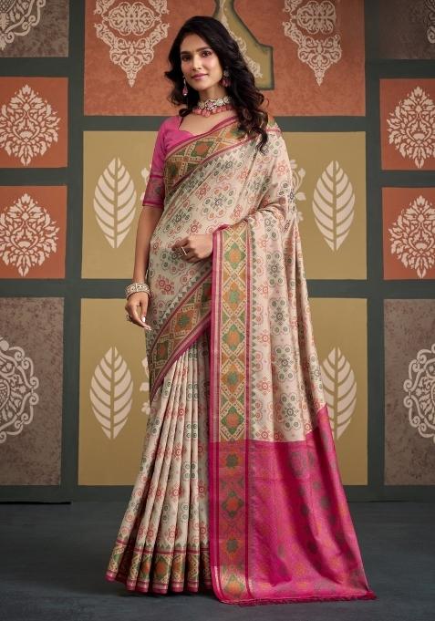 Off White Printed Silk Blend Saree Set