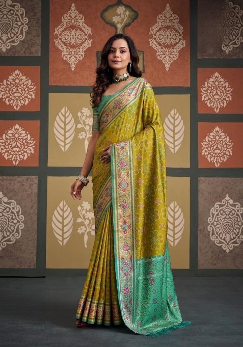 Sea Green Printed Silk Blend Saree Set