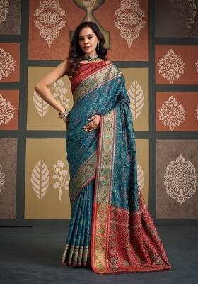 Teal Printed Silk Blend Saree Set