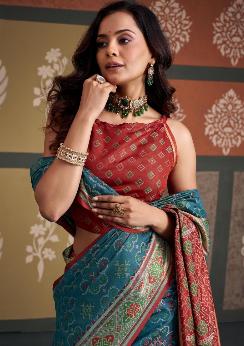 Teal Printed Silk Blend Saree Set - Indya