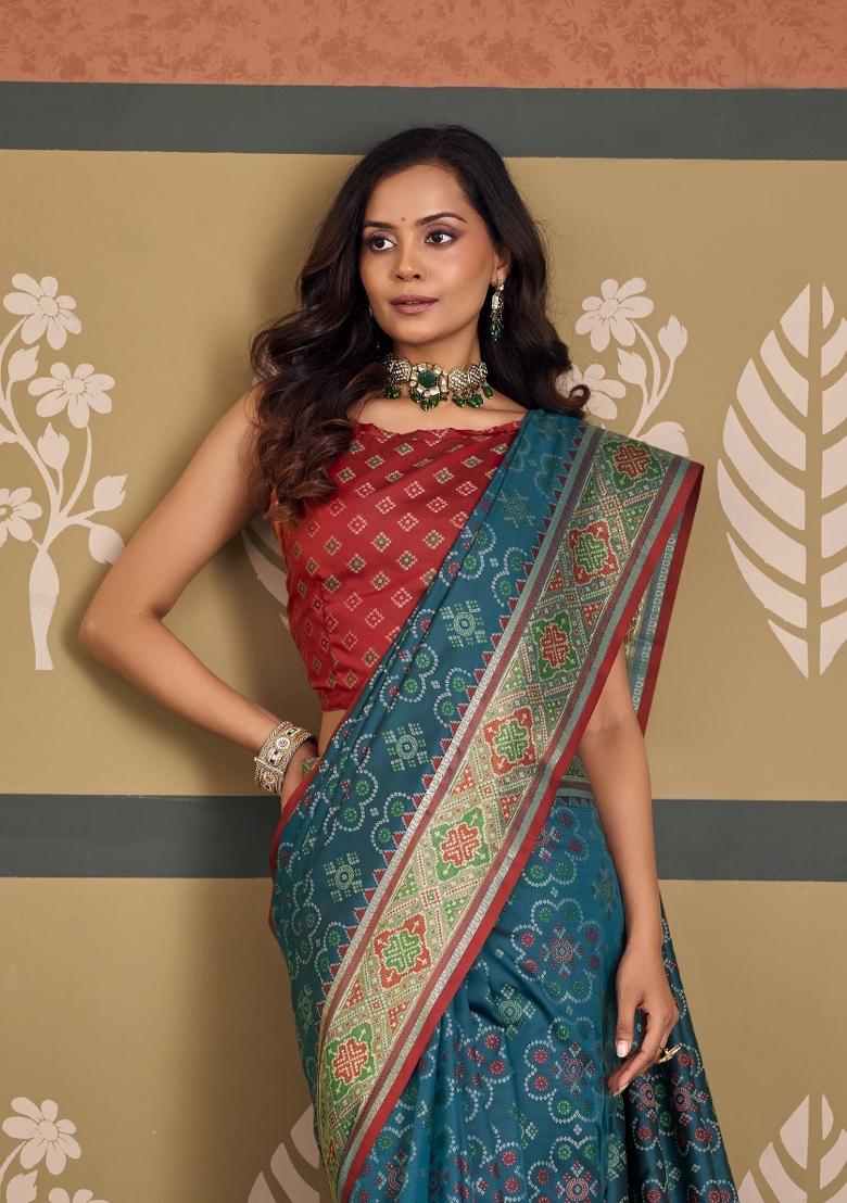 Teal Printed Silk Blend Saree Set - Indya