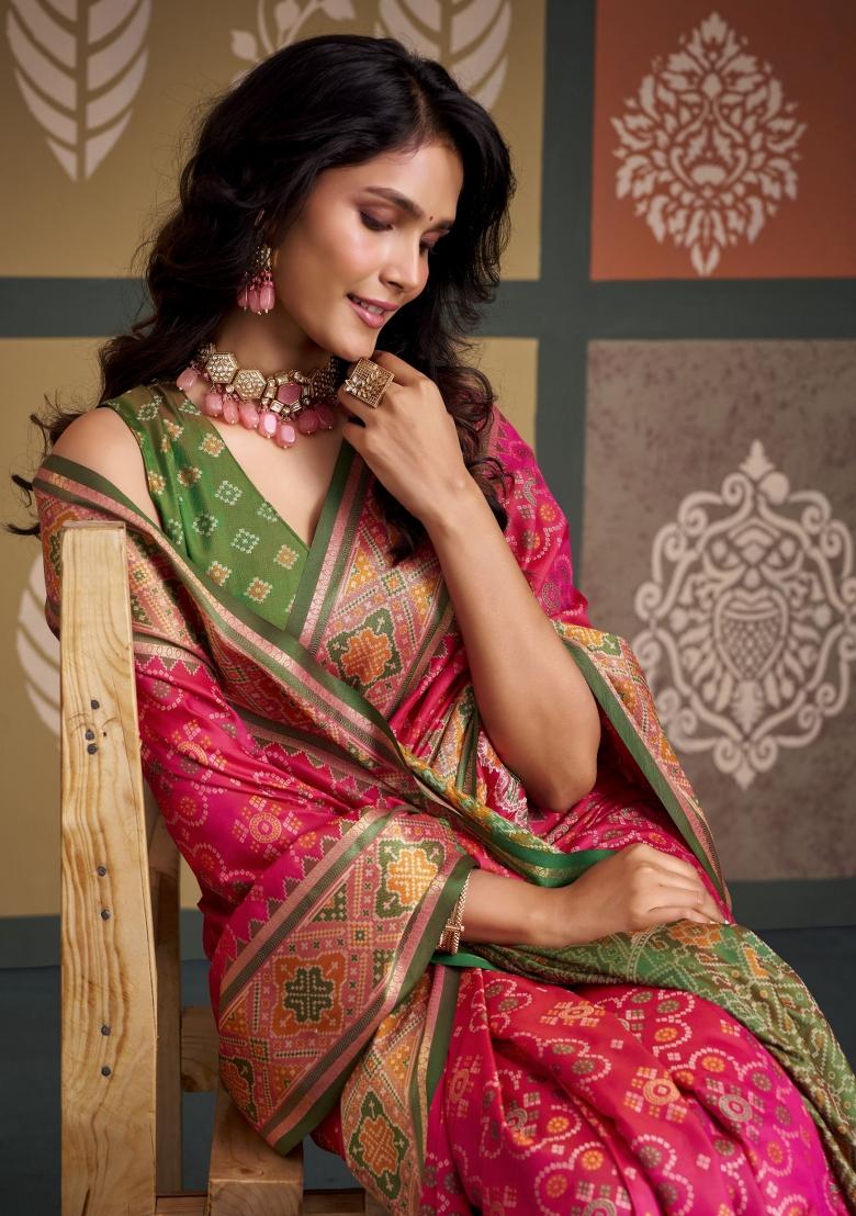 Pink Printed Silk Blend Saree Set - Indya