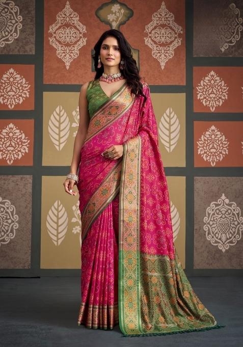 Pink Printed Silk Blend Saree Set