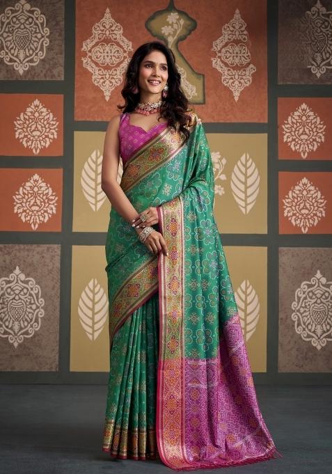 Green Printed Silk Blend Saree Set
