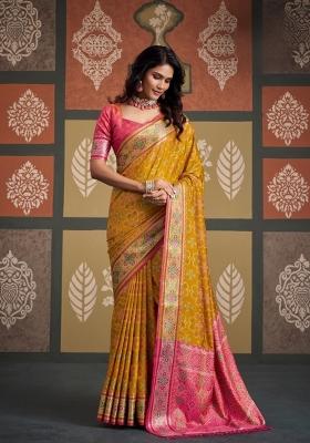 Yellow Printed Silk Blend Saree Set