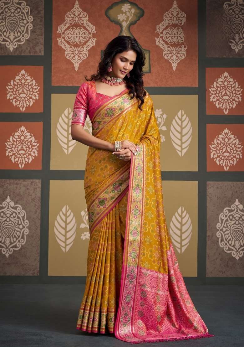 Yellow Silk Blend Saree Set with Printed for Diwali | Wedding & Festive Wear - Indya