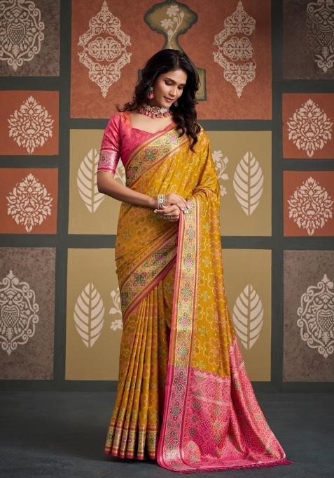 Yellow Printed Silk Blend Saree Set