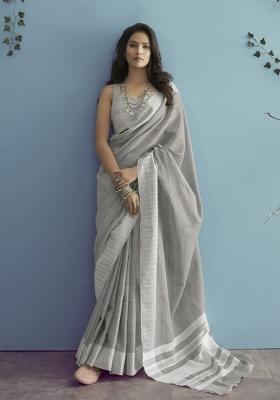 Grey Floral Print Linen Saree Set