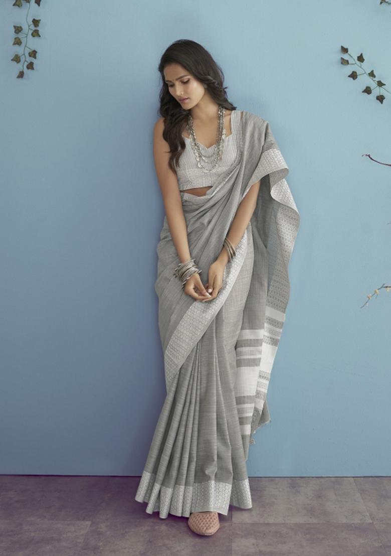 Grey Floral Print Linen Saree Set - Indya
