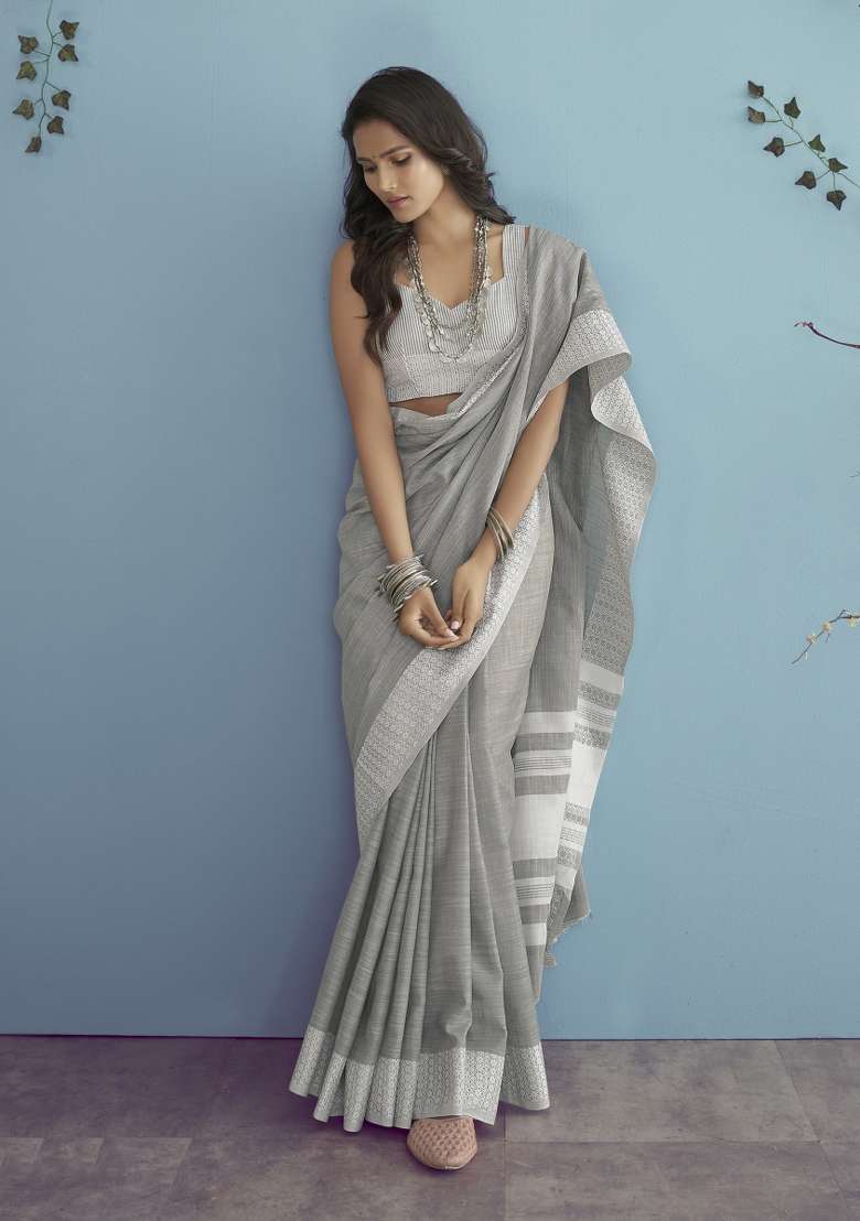 Grey Linen Saree Set with Floral Print for Diwali | Wedding & Festive Wear - Indya