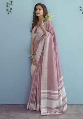 Pink Floral Print Linen Saree Set