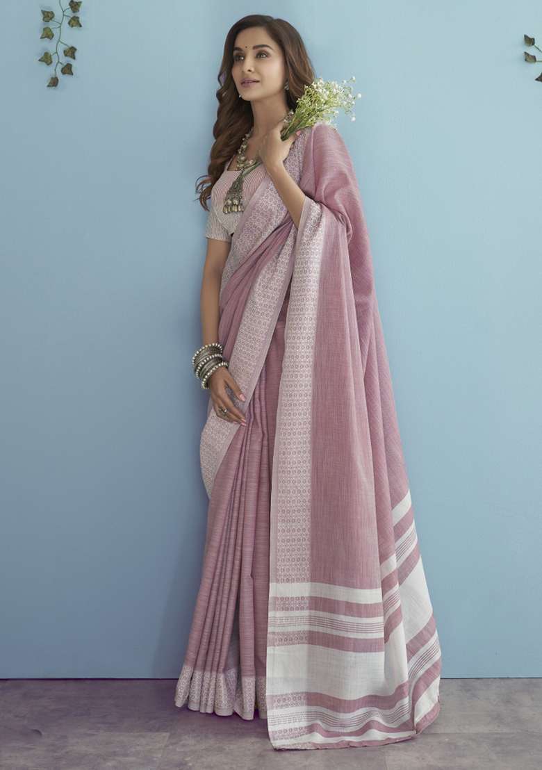 Pink Floral Print Linen Saree Set for Diwali and Festive Wear - Indya