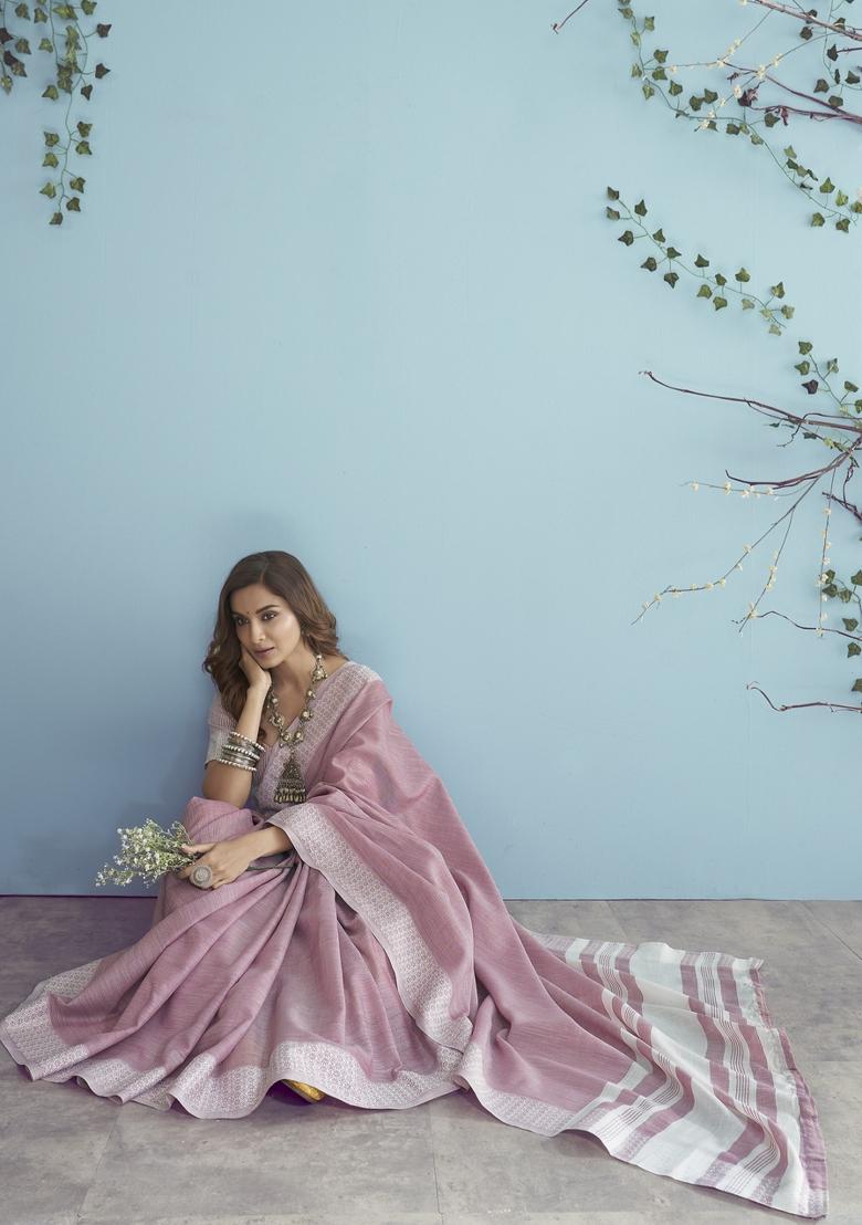 Pink Floral Print Linen Saree Set - Indya