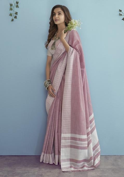 Pink Floral Print Linen Saree Set