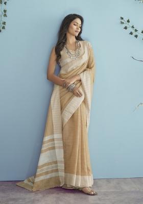 Peach Floral Print Linen Saree Set