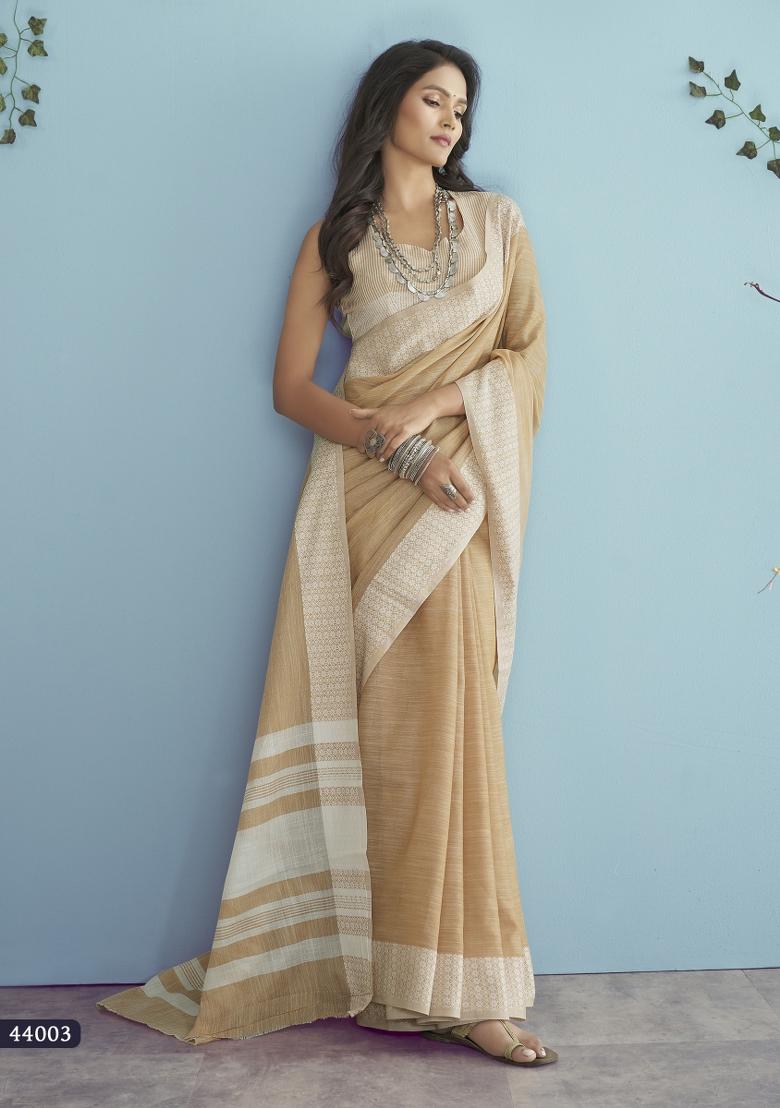 Peach Floral Print Linen Saree Set - Indya