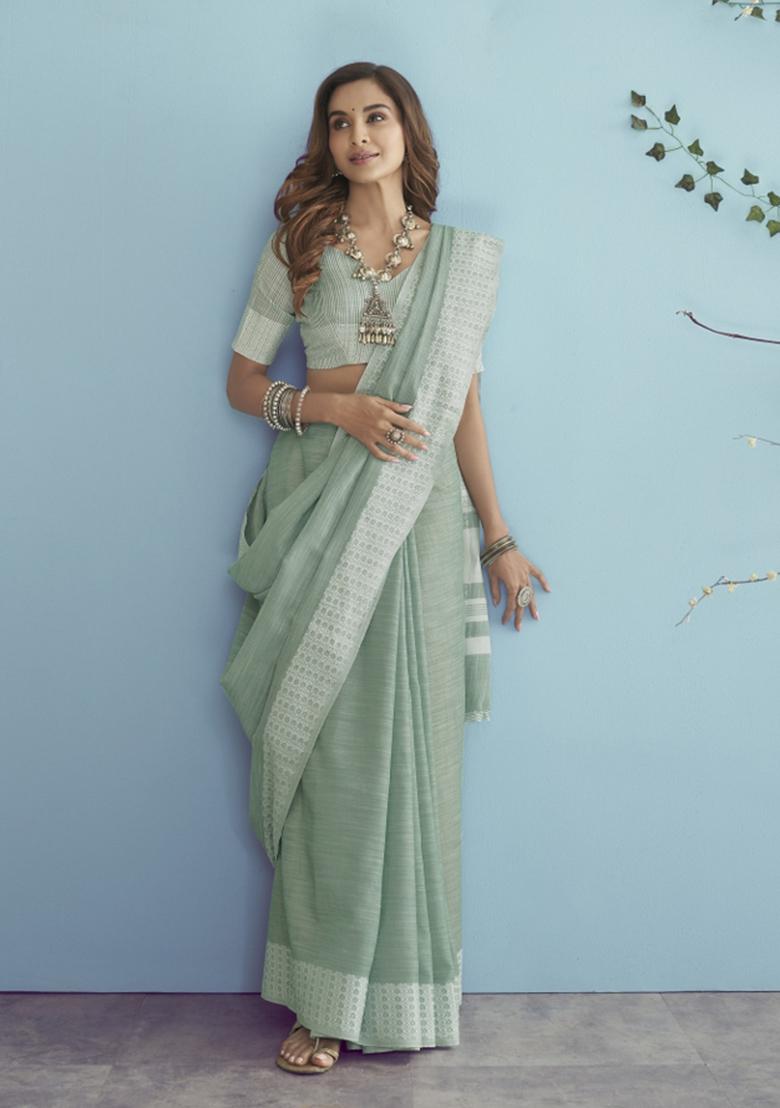 Green Floral Print Linen Saree Set - Indya