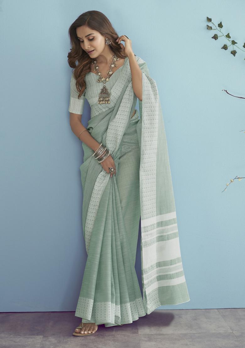 Green Floral Print Linen Saree Set - Indya