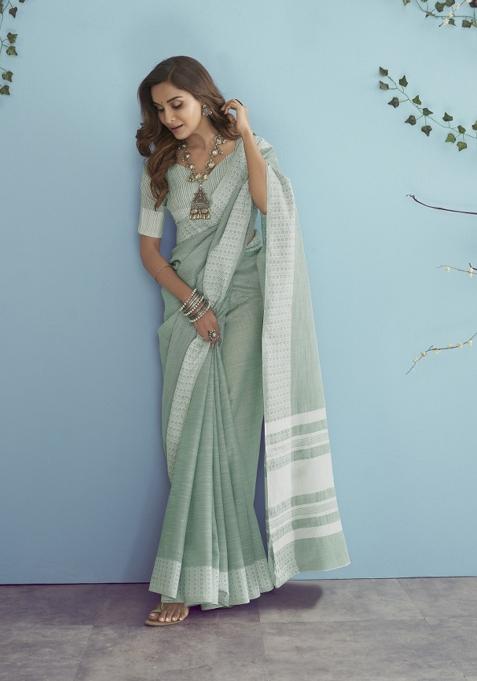 Green Floral Print Linen Saree Set