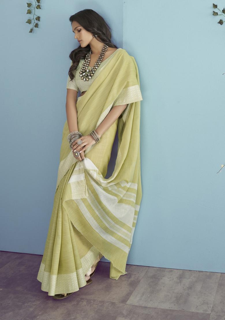Yellow Floral Print Linen Saree Set - Indya
