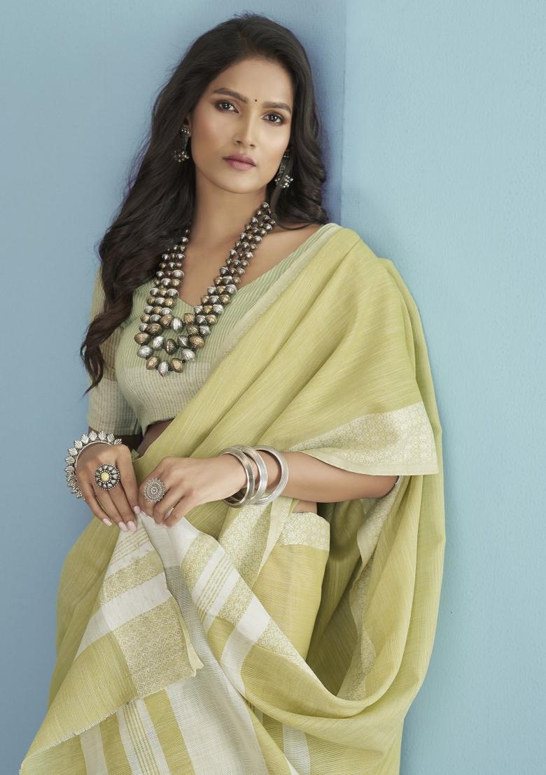 Yellow Floral Print Linen Saree Set - Indya