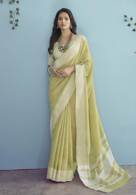 Yellow Floral Print Linen Saree Set