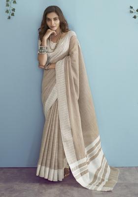 Beige Floral Print Linen Saree Set