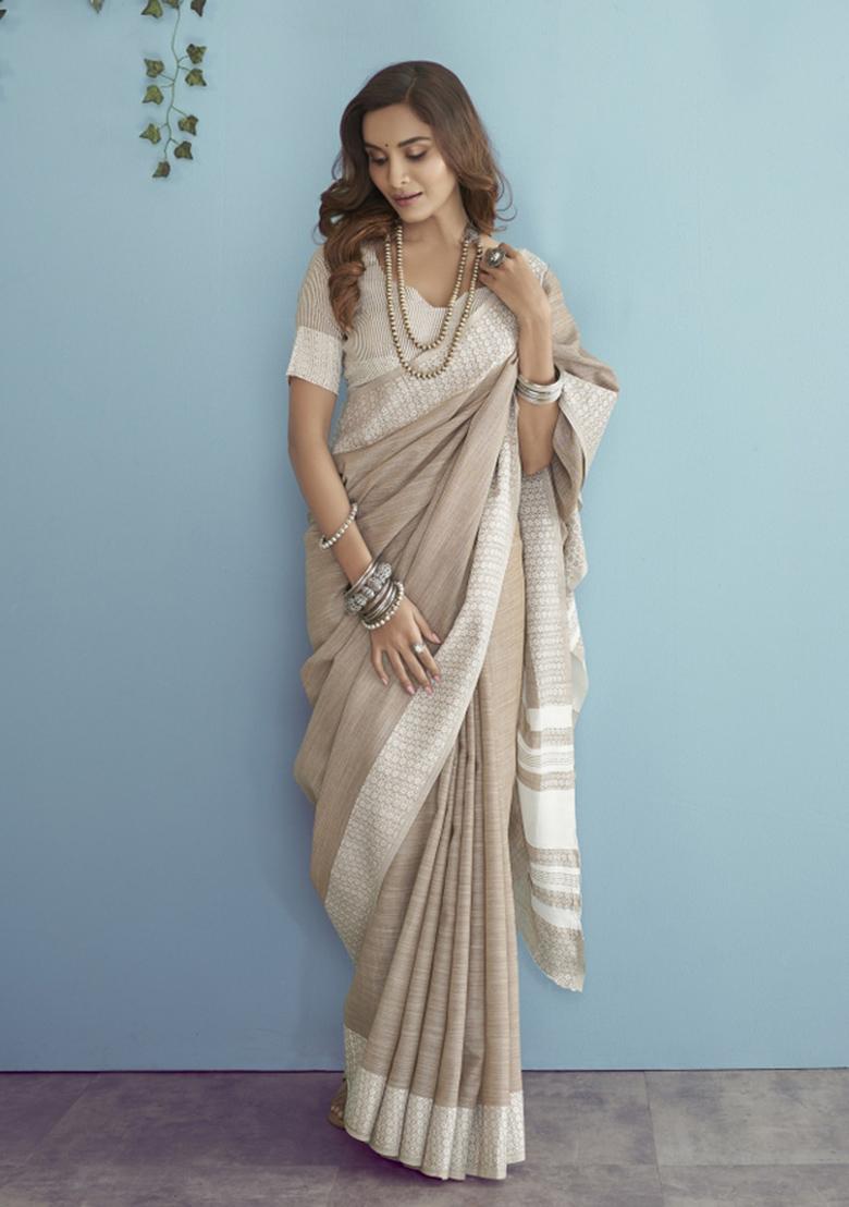 Beige Floral Print Linen Saree Set - Indya