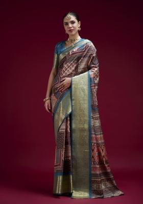 Teal Printed Silk Blend Saree Set