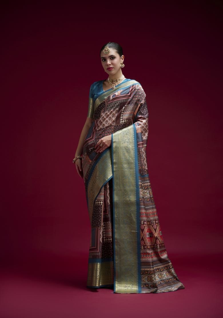 Teal Printed Silk Blend Saree Set - Indya
