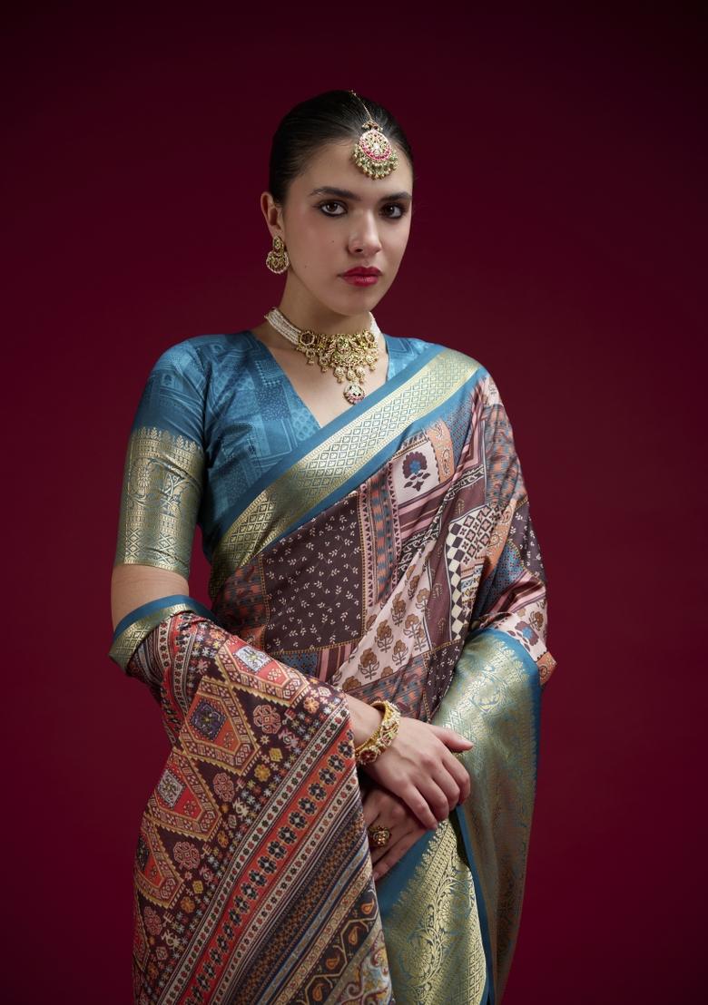 Teal Printed Silk Blend Saree Set - Indya