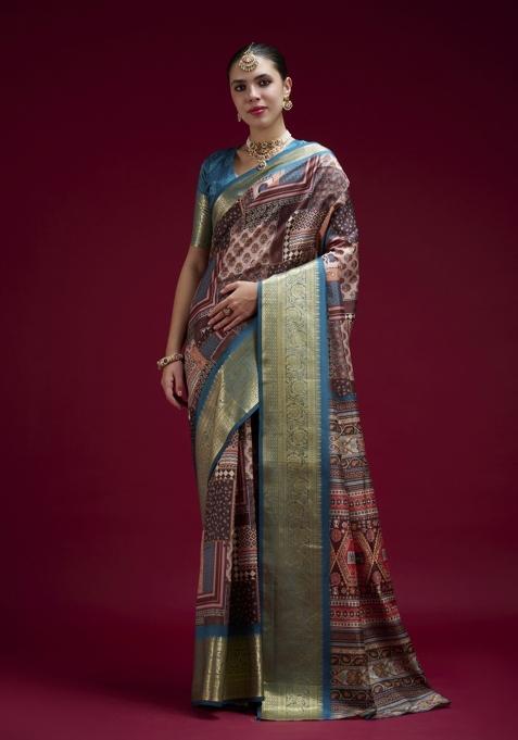 Teal Printed Silk Blend Saree Set