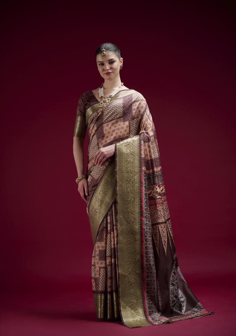 Brown Printed Silk Blend Saree Set - Indya