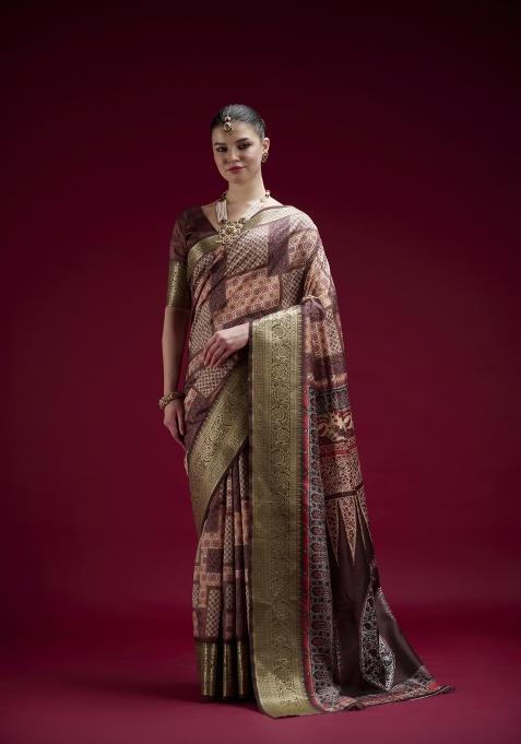 Brown Printed Silk Blend Saree Set