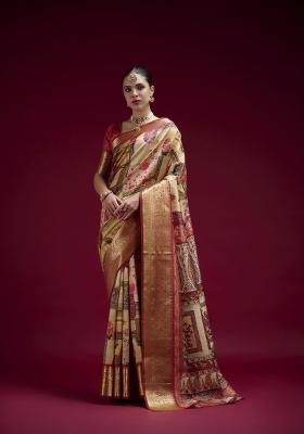 Orange Printed Silk Blend Saree Set
