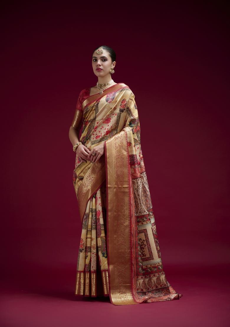 Orange Printed Silk Blend Saree Set - Indya