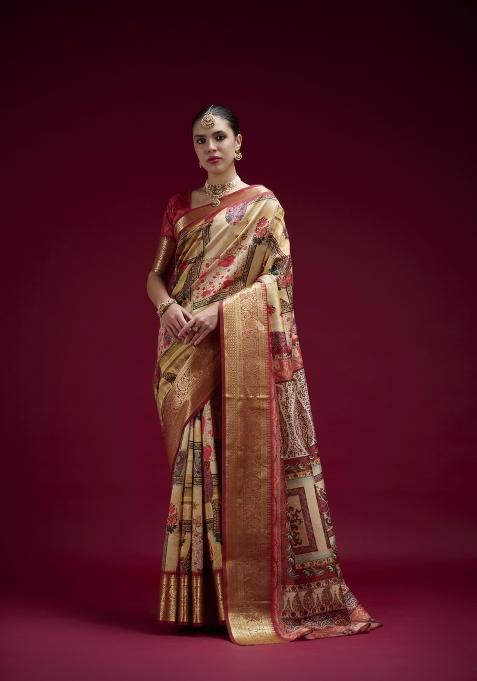 Orange Printed Silk Blend Saree Set