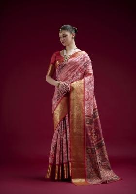 Red Printed Silk Blend Saree Set