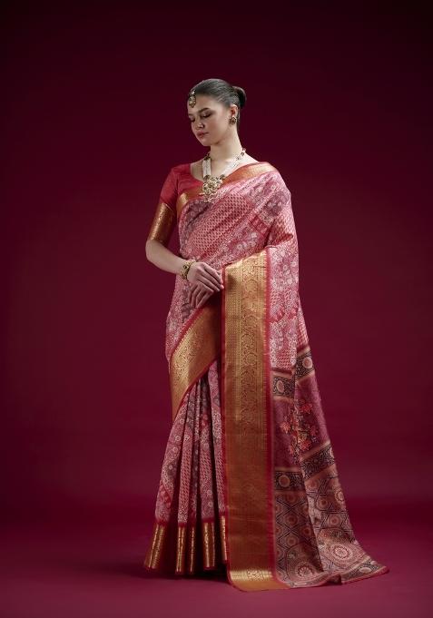 Red Printed Silk Blend Saree Set
