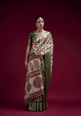 Green Printed Silk Blend Saree Set