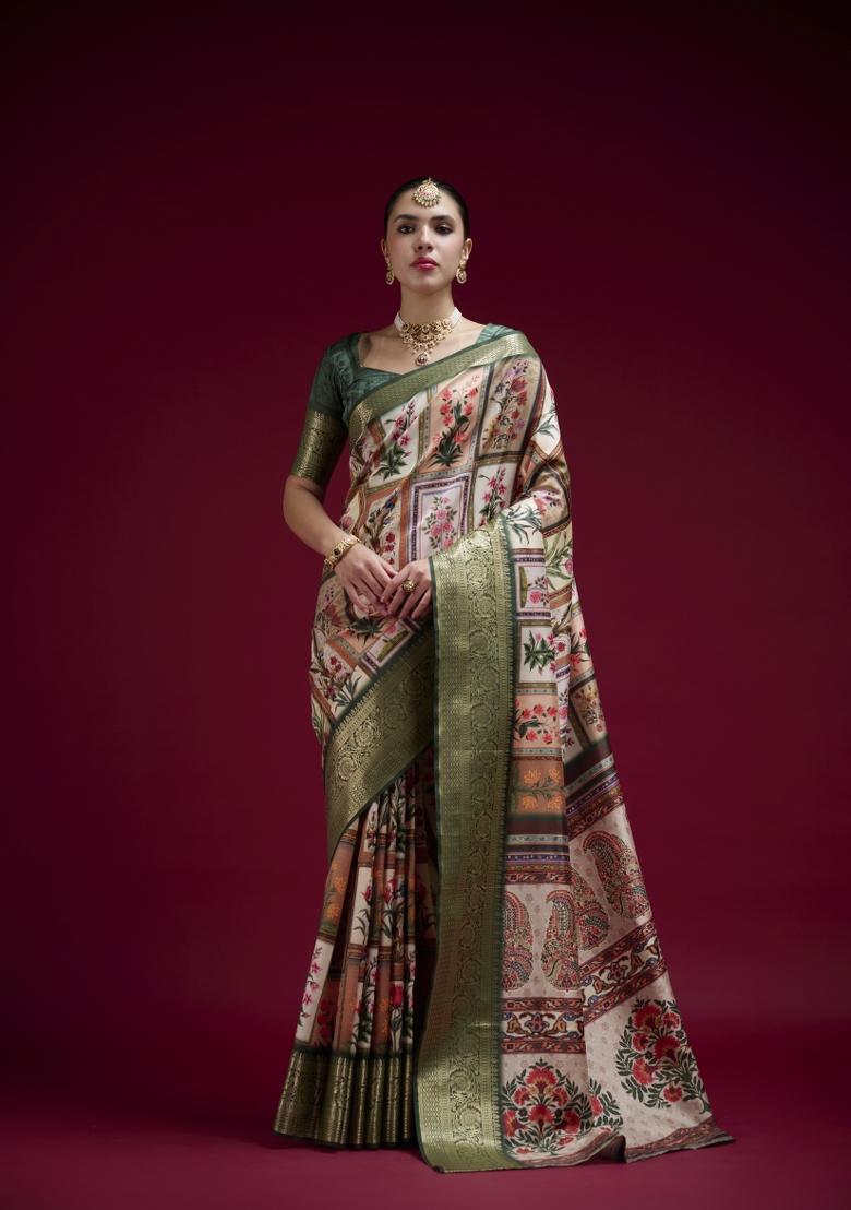Green Printed Silk Blend Saree Set - Indya
