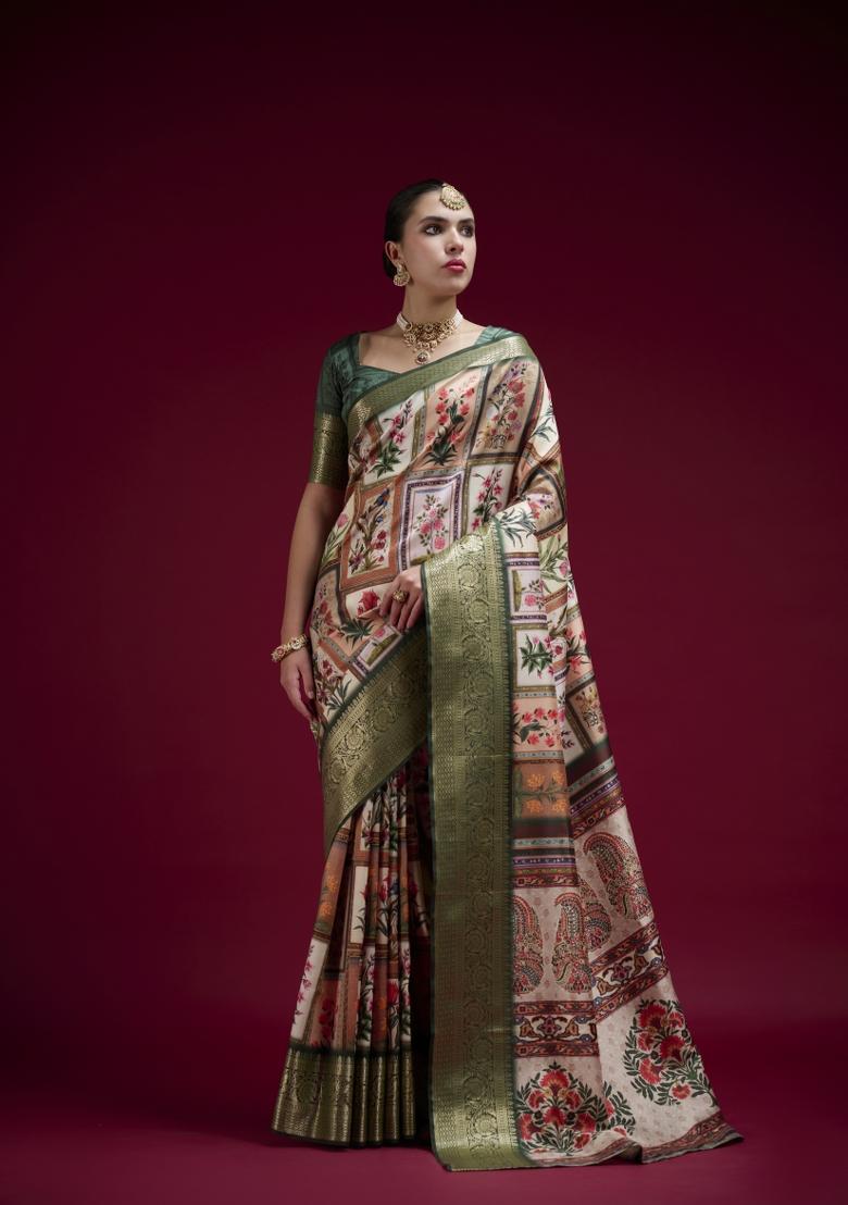 Green Printed Silk Blend Saree Set - Indya