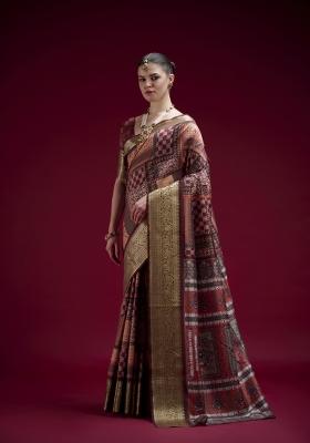 Burgundy Printed Silk Blend Saree Set