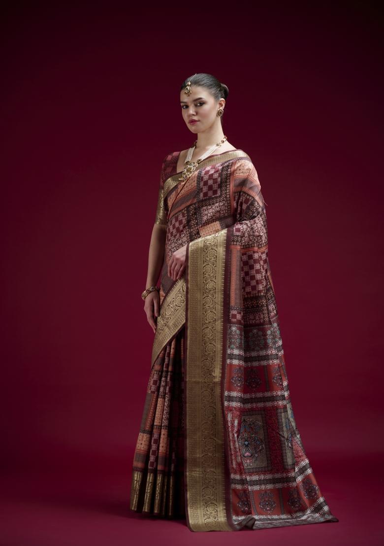 Burgundy Printed Silk Blend Saree Set - Indya