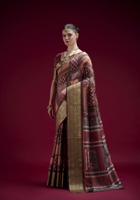 Burgundy Printed Silk Saree Set