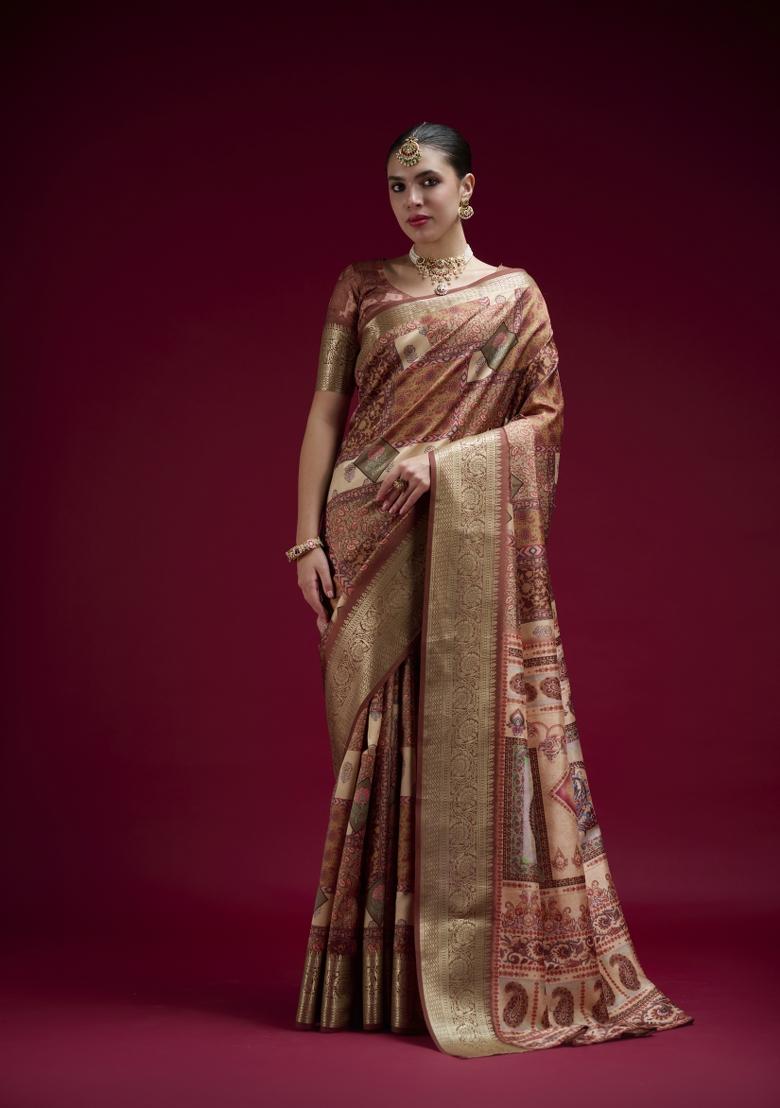 Coffee Printed Silk Blend Saree Set - Indya